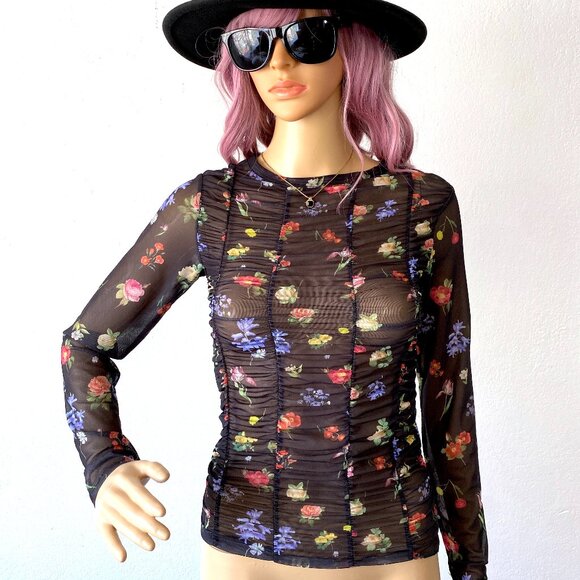 Mesh Long Sleeve Floral Blouse Sheer Ruched Top Grunge Sexy Lightweight Stretch - Picture 2 of 7
